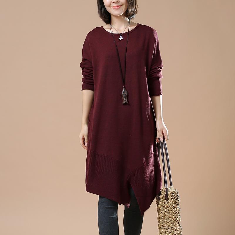 Burgundy plus size sweaters asymmetrical design - Omychic