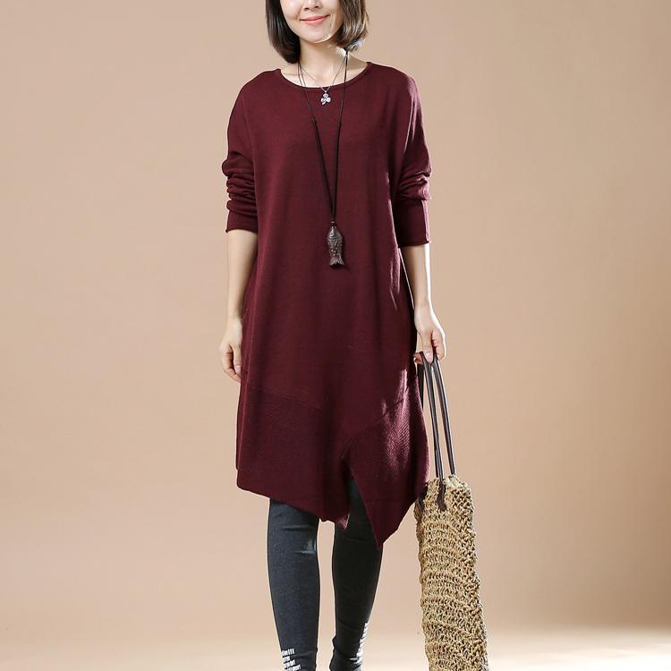 Burgundy plus size sweaters asymmetrical design - Omychic