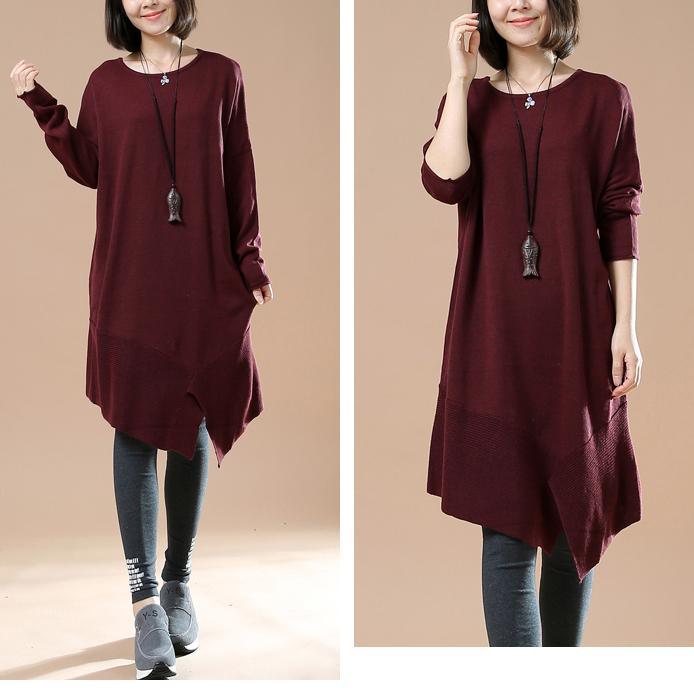 Burgundy plus size sweaters asymmetrical design - Omychic