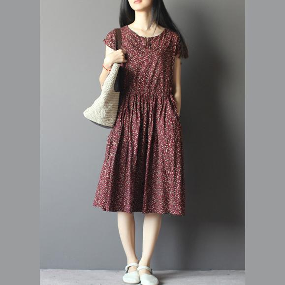 Burgundy print half sleeve fit flare dresses cotton sundresses - Omychic