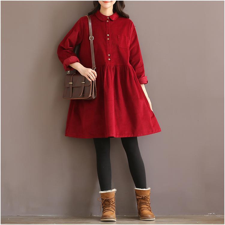 Burgundy retro corduroy dress elegant plus size cotton dresses oversize blouse - Omychic