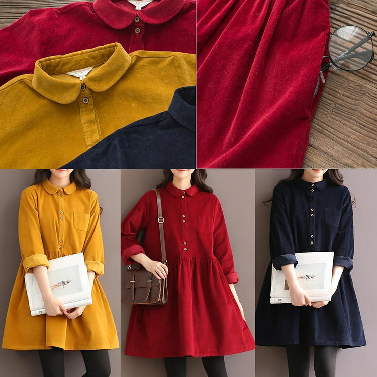 Burgundy retro corduroy dress elegant plus size cotton dresses oversize blouse - Omychic