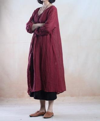 Burgundy spring linen dress maxis long pleated dress - when a leaf turns green - Omychic