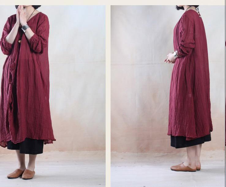 Burgundy spring linen dress maxis long pleated dress - when a leaf turns green - Omychic