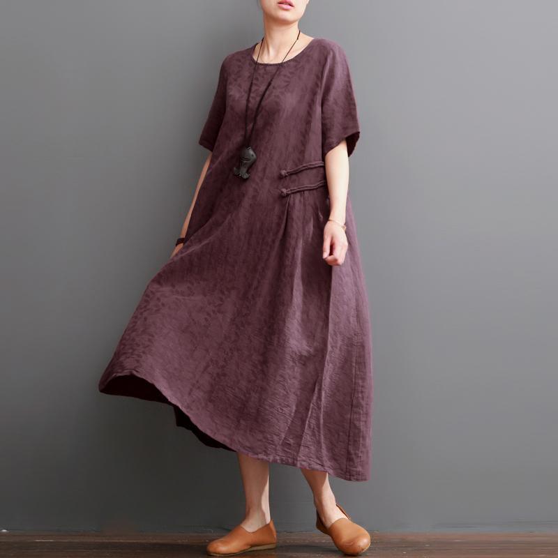 Burgundy summer linen dresses short sleeve maxi dress oversize - Omychic