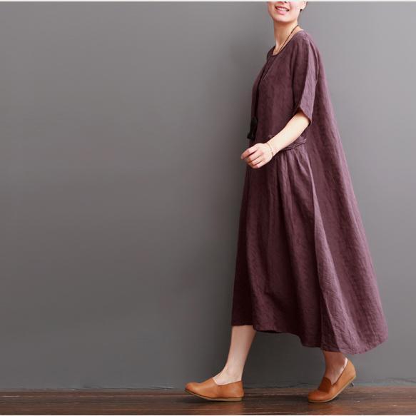 Burgundy summer linen dresses short sleeve maxi dress oversize - Omychic