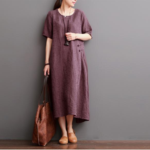 Burgundy summer linen dresses short sleeve maxi dress oversize - Omychic