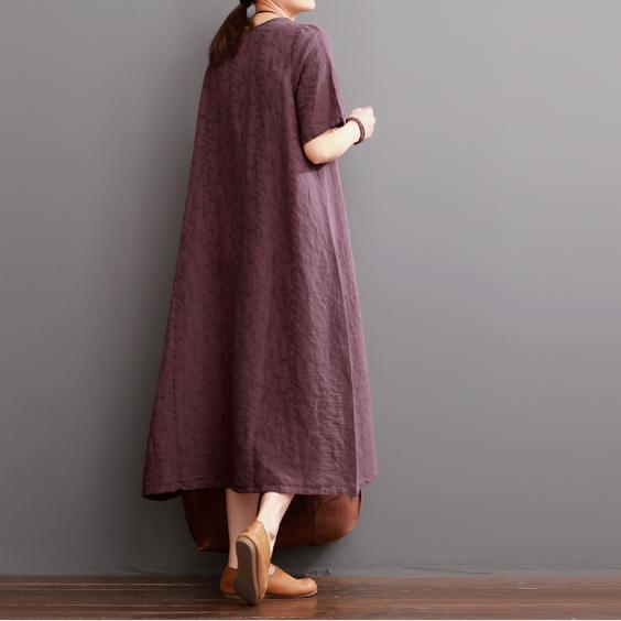 Burgundy summer linen dresses short sleeve maxi dress oversize - Omychic