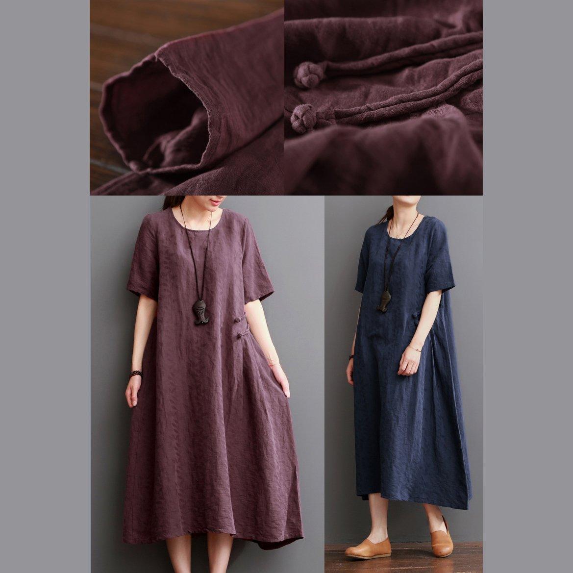 Burgundy summer linen dresses short sleeve maxi dress oversize - Omychic