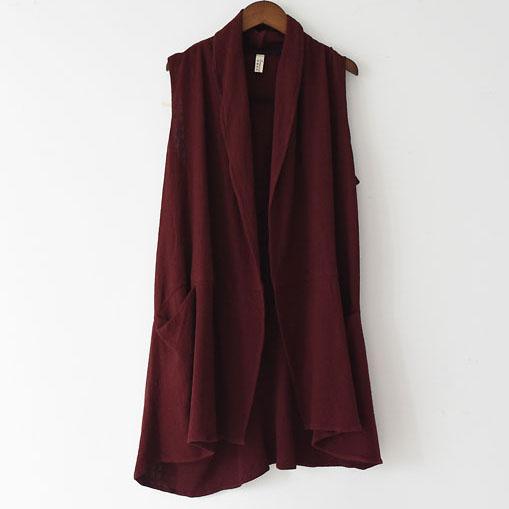 Burgundy unique linen vest tops woman blouse asymmetric back design - Omychic