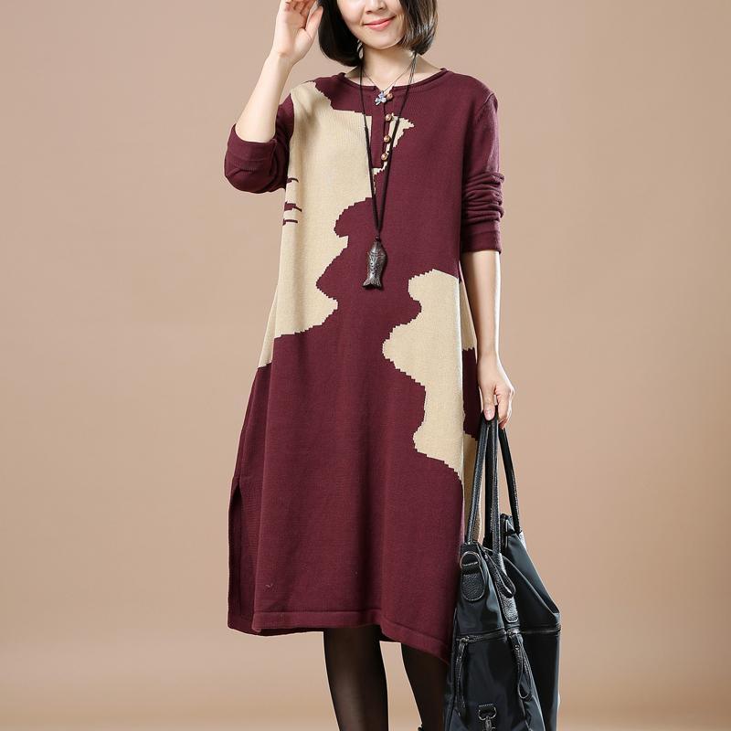 Burgundy woman sweaters winter knit dresses floral - Omychic