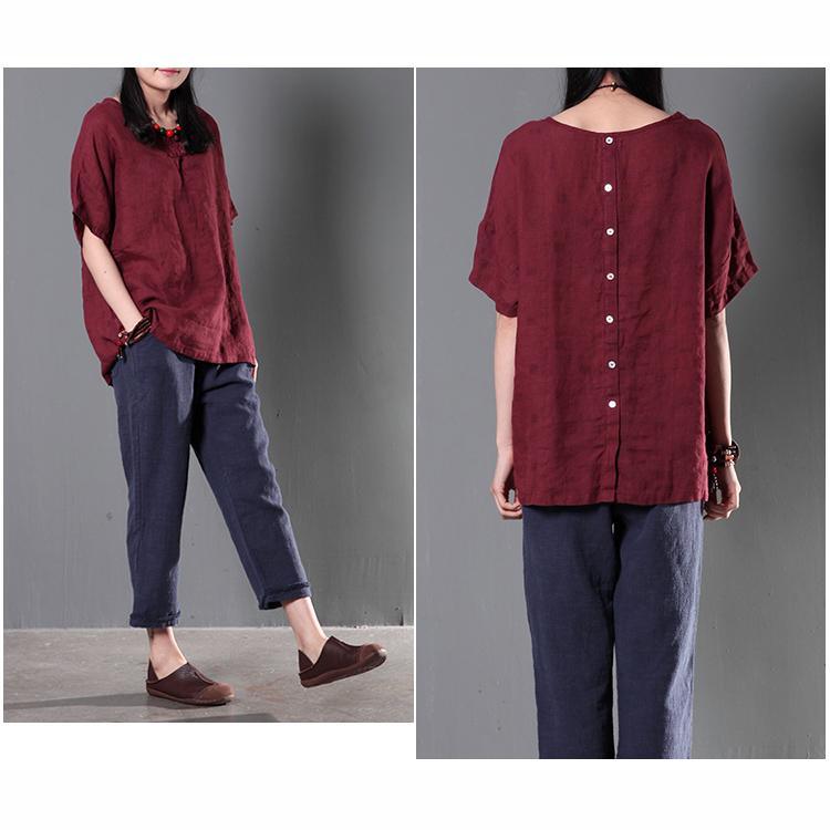 Burgundy women linen shirt cusual summer loose blouse short top - Omychic