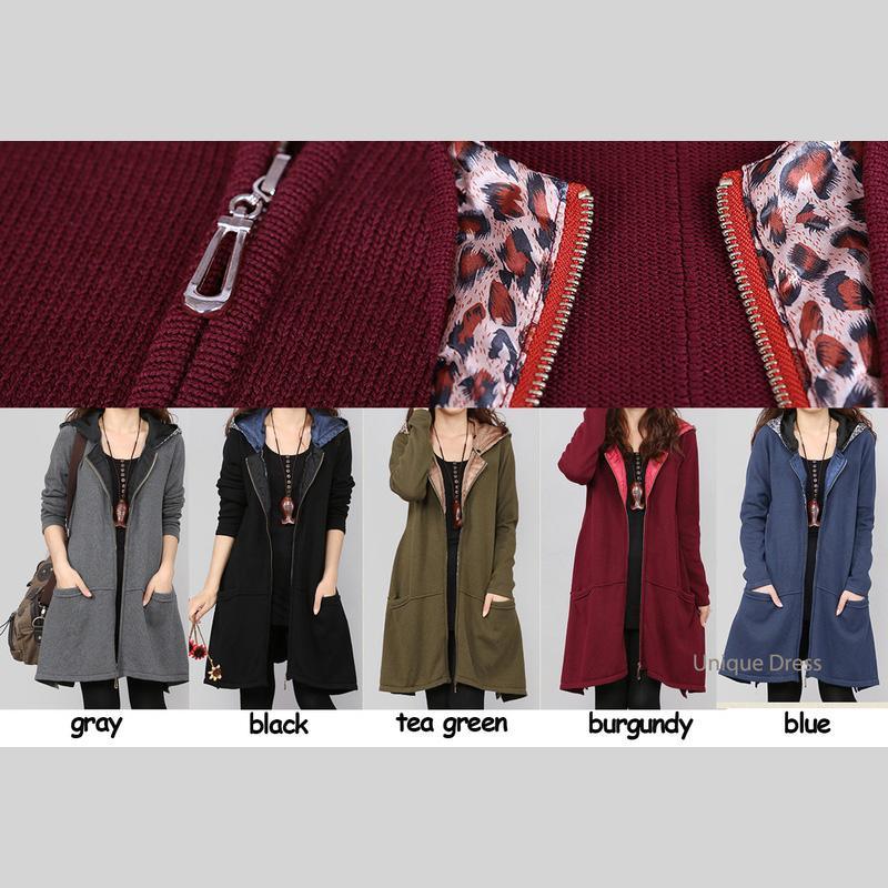 Burgundy zippered women sweater cardigan coat - Omychic
