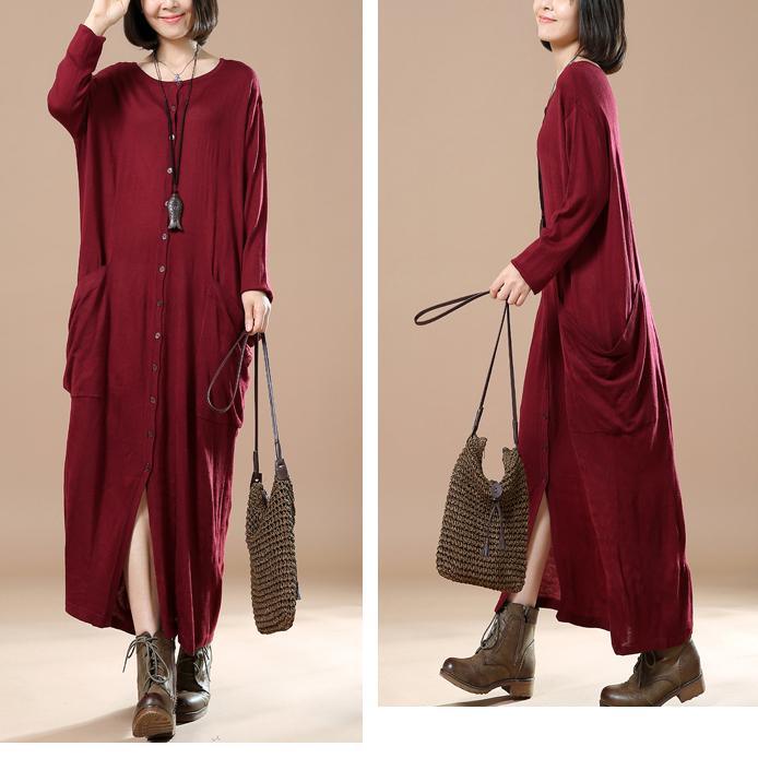 Burugndy cute long maxi dresses knitted sweates long sleeved - Omychic