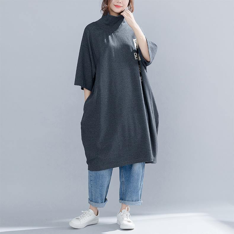 Buy cotton tunic pattern Fitted high neck print Online Shopping gray daily blouse spring - Omychic