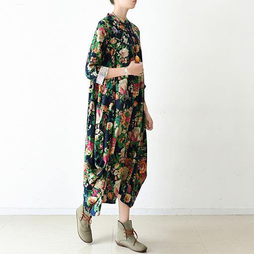 Buy green print linen clothes For Women Women Sewing loose o neck asymmetric Dresses - Omychic