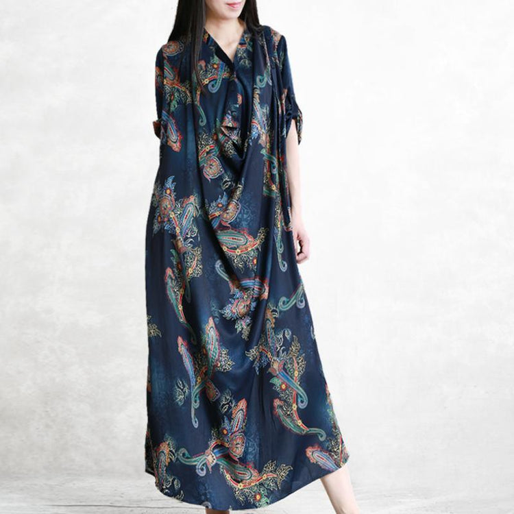 Buy lapel pockets silk clothes For Women Omychic navy print Dresses Summer - Omychic