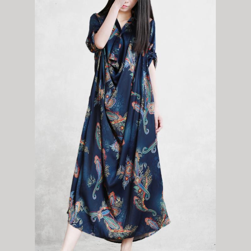 Buy lapel pockets silk clothes For Women Omychic navy print Dresses Summer - Omychic