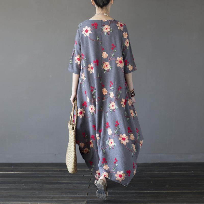 Buy linen Robes Korea o neck pockets Neckline gray floral asymmetric Maxi Dresses - Omychic
