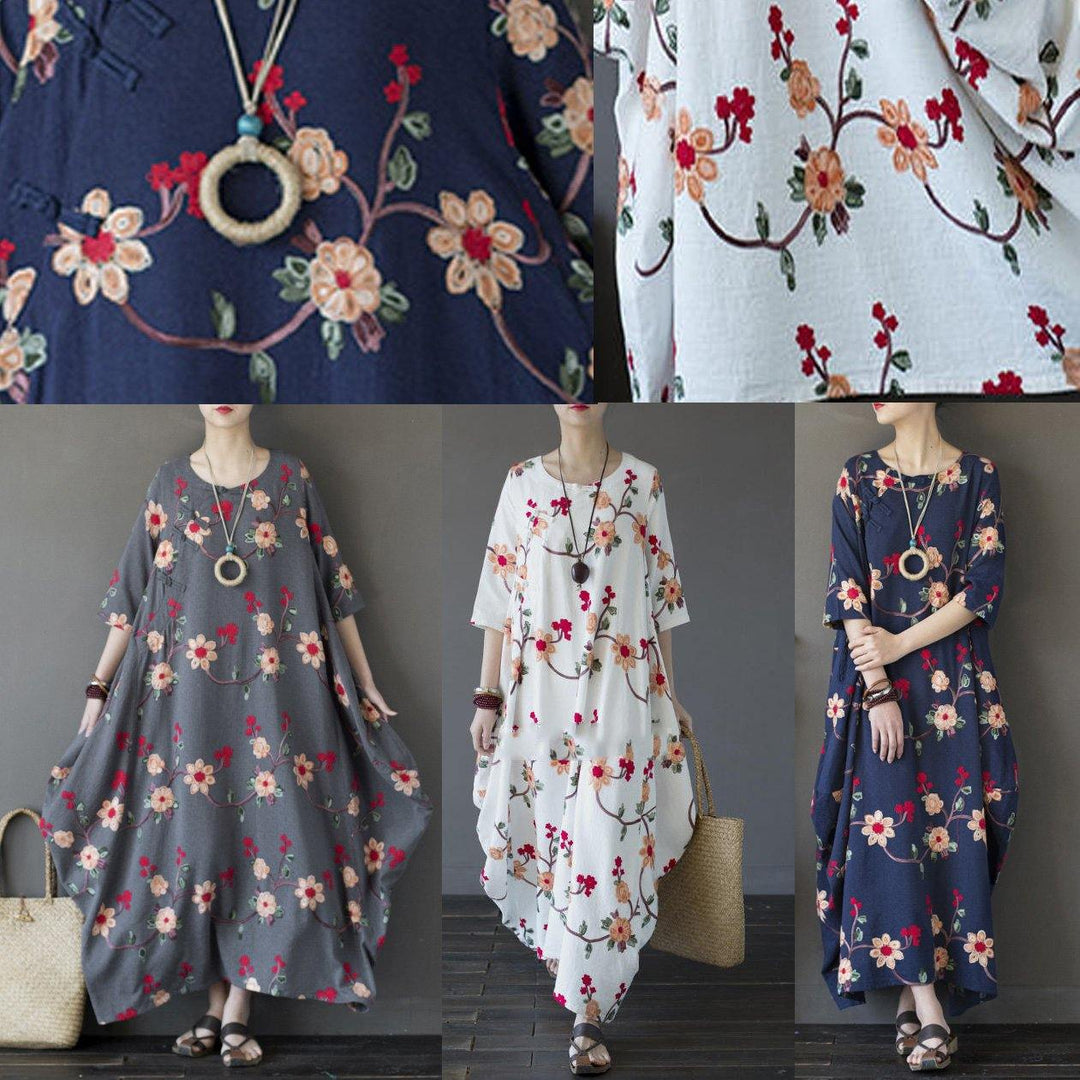 Buy linen Robes Korea o neck pockets Neckline gray floral asymmetric Maxi Dresses - Omychic