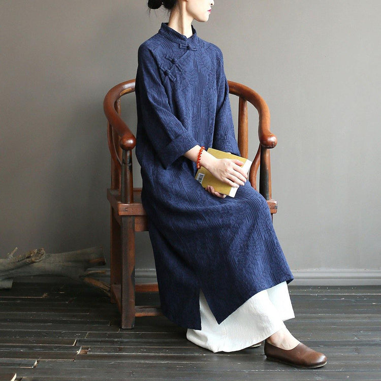 Buy linen clothes For Women Fine o neck pockets Fabrics navy Robe asymmetric Dress - Omychic