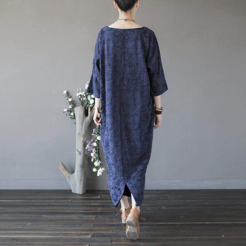 Buy linen clothes For Women Fine o neck pockets Fabrics navy Robe asymmetric Dress - Omychic