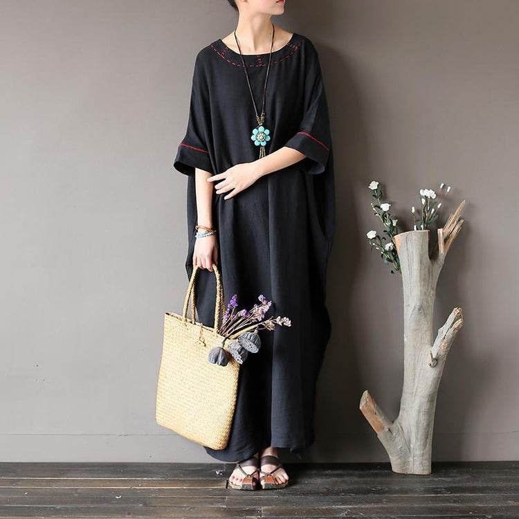 Buy linen dress Casual o neck Work black Robe asymmetric Half sleeve Dresses - Omychic