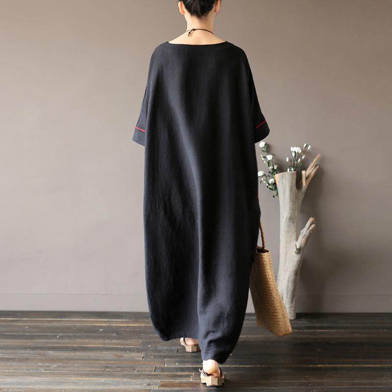 Buy linen dress Casual o neck Work black Robe asymmetric Half sleeve Dresses - Omychic