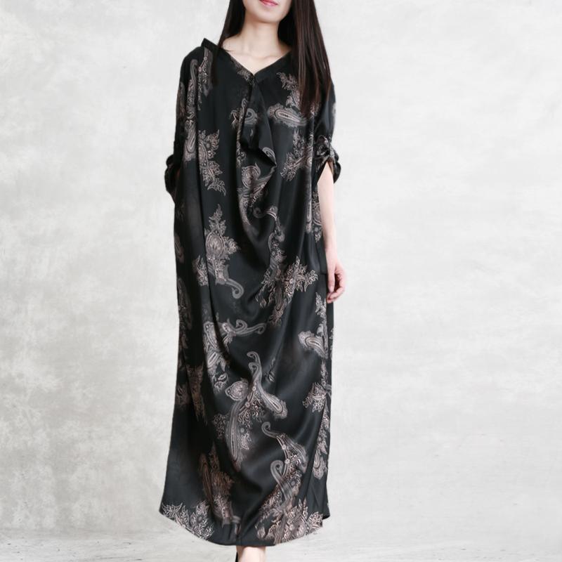 Buy patchwork asymmetric silk dresses Vintage black print long Dress Summer - Omychic