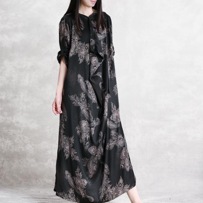 Buy patchwork asymmetric silk dresses Vintage black print long Dress Summer - Omychic