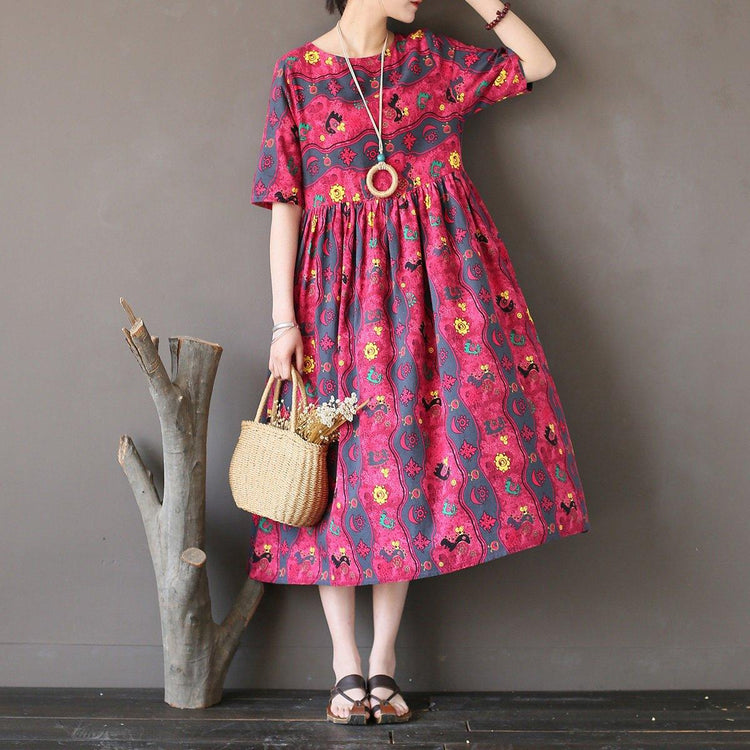 Buy rose prints linen cotton clothes Organic Online Shopping Traveling o neck Dress - Omychic