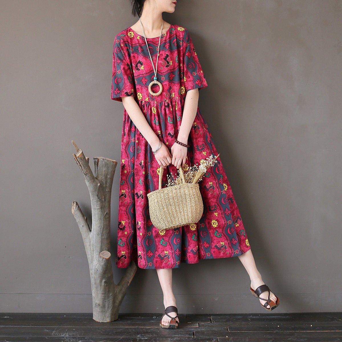 Buy rose prints linen cotton clothes Organic Online Shopping Traveling o neck Dress - Omychic