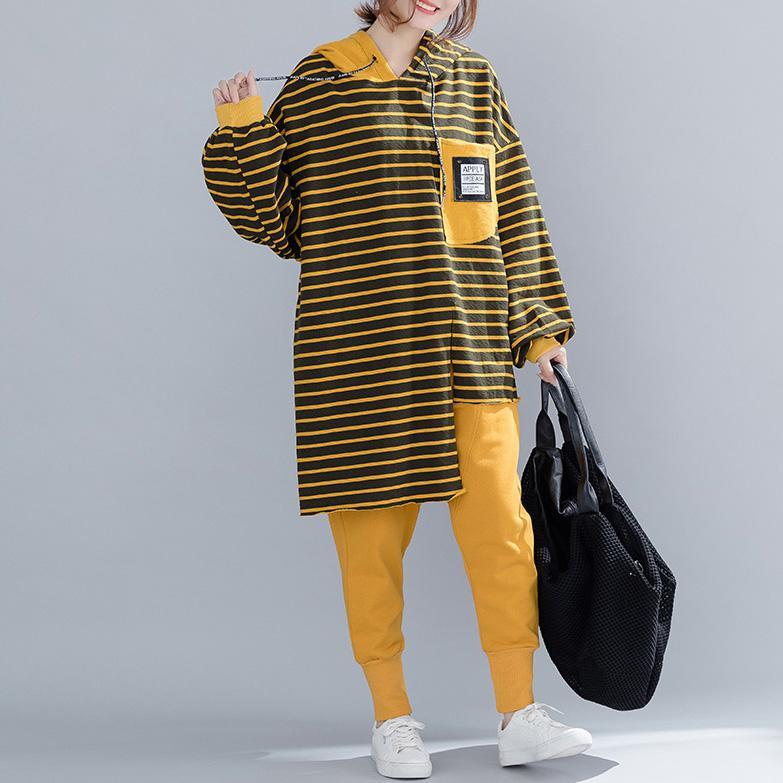 Buy yellow striped cotton tunic top Boho Neckline silhouette spring hooded blouse - Omychic