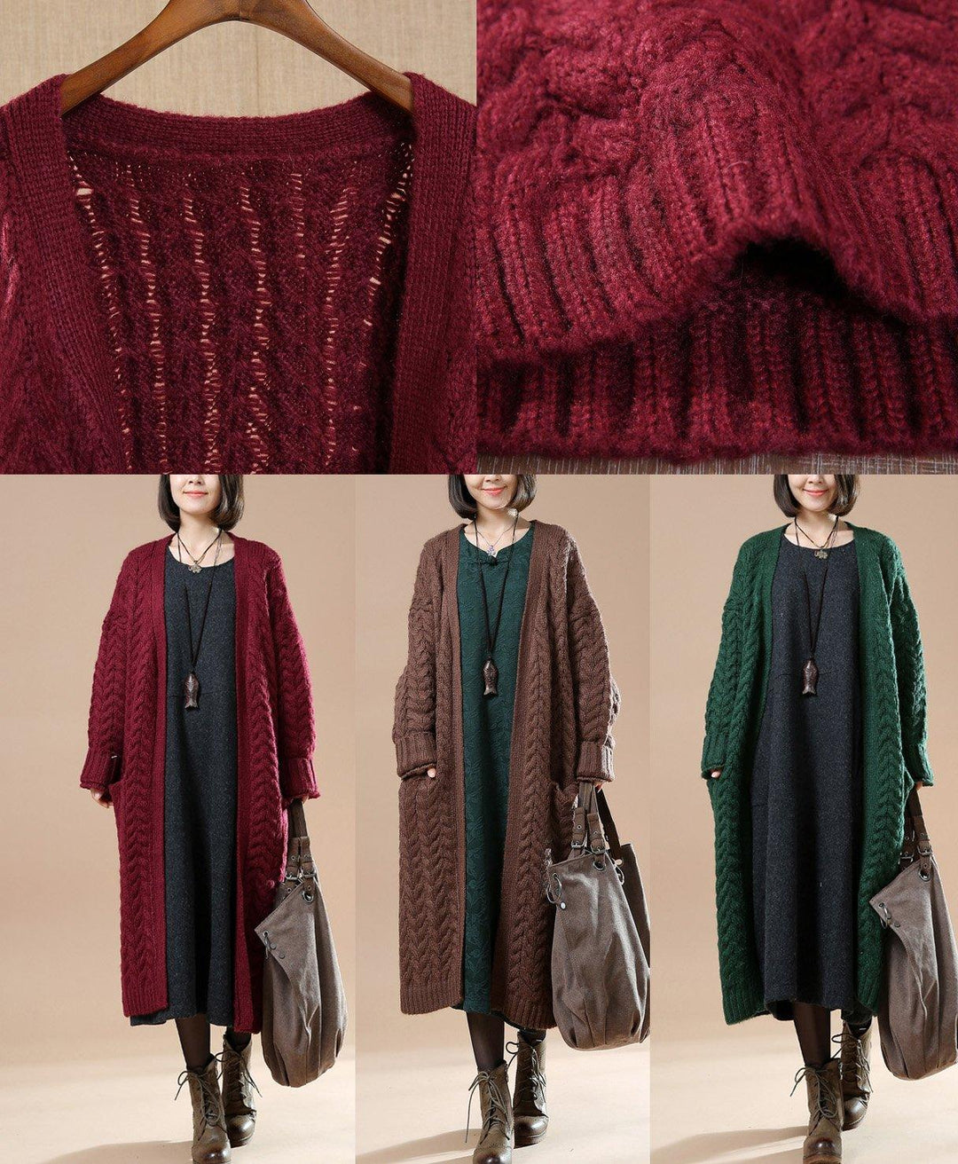 Cable knit sweaters long oversize cardigans blackish green - Omychic