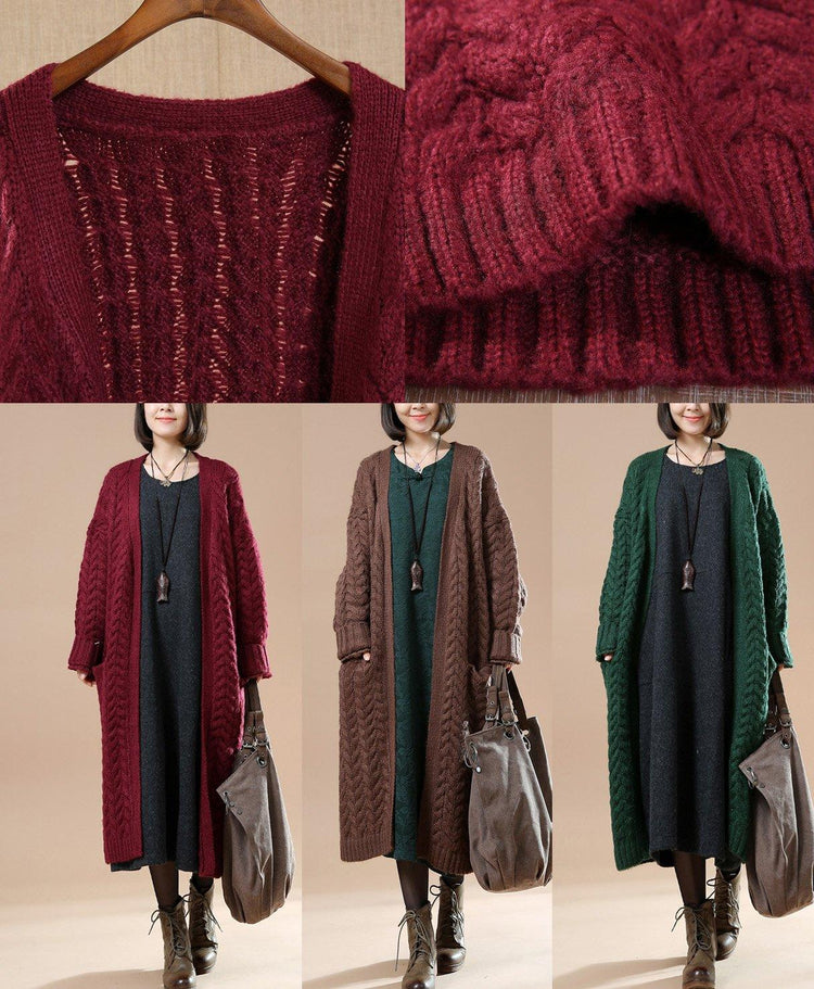 Cable knit sweaters long oversize cardigans blackish green - Omychic