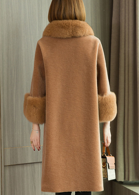 Camel Button Patchwork Teddy Faux Fur Coats Peter Pan Collar Long Sleeve