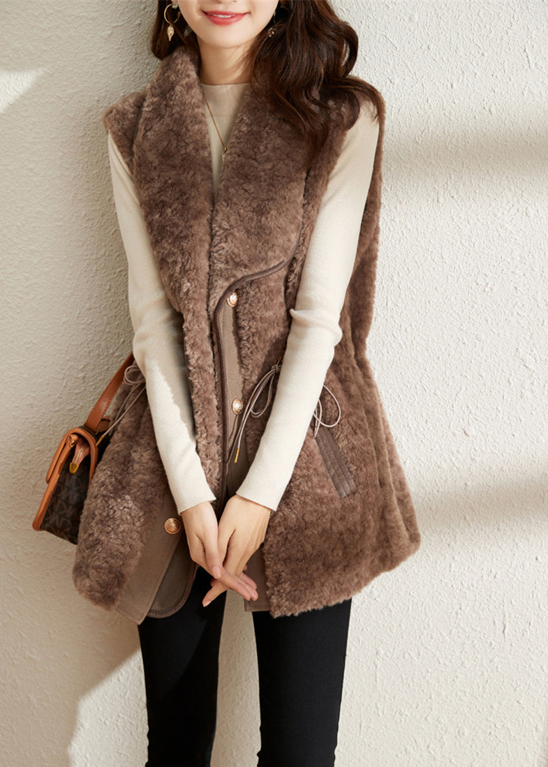 Camel Notched Drawstring Patchwork Thick Faux Fur Waistcoat Fall