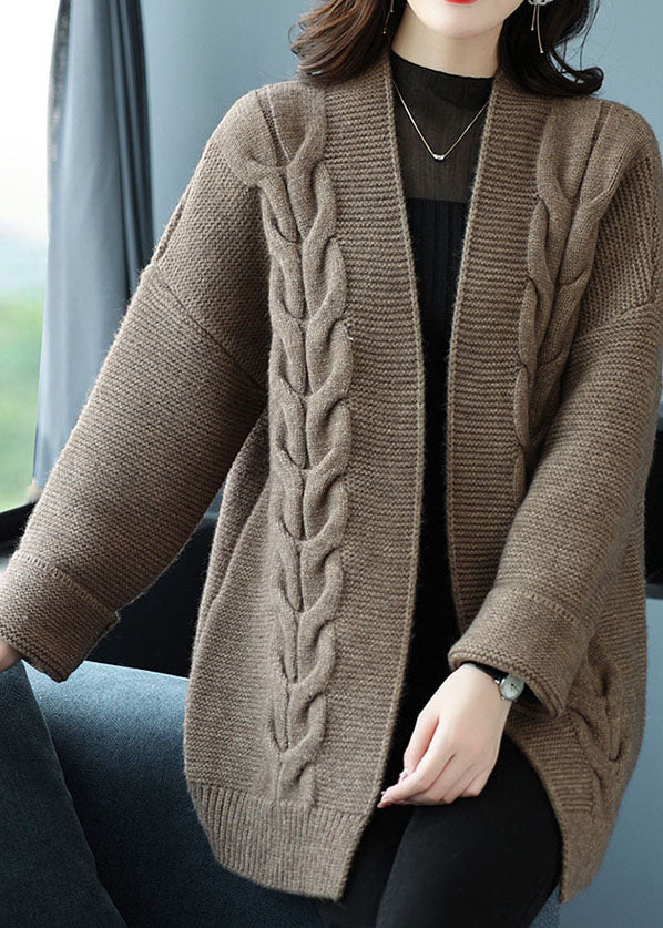 Camel Patchwork Women Thick Wool Cardigans V Neck Fall