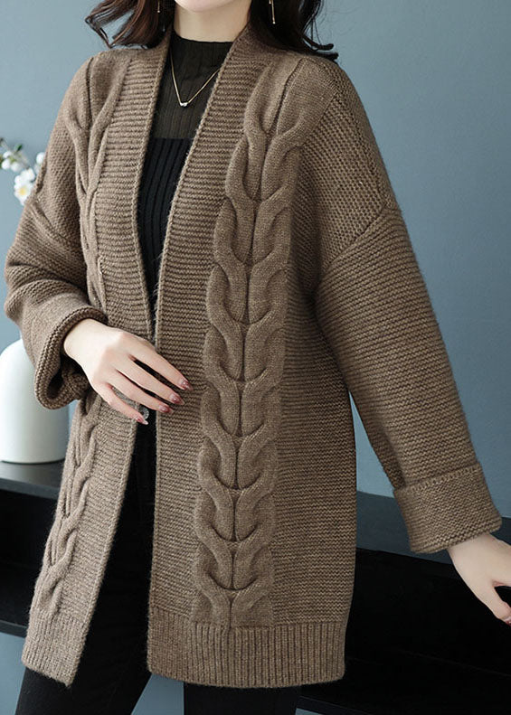 Camel Patchwork Women Thick Wool Cardigans V Neck Fall