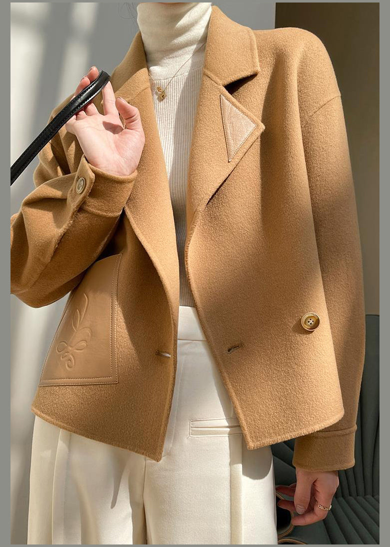 Camel Pockets Patchwork Woolen Coat Button Long Sleeve