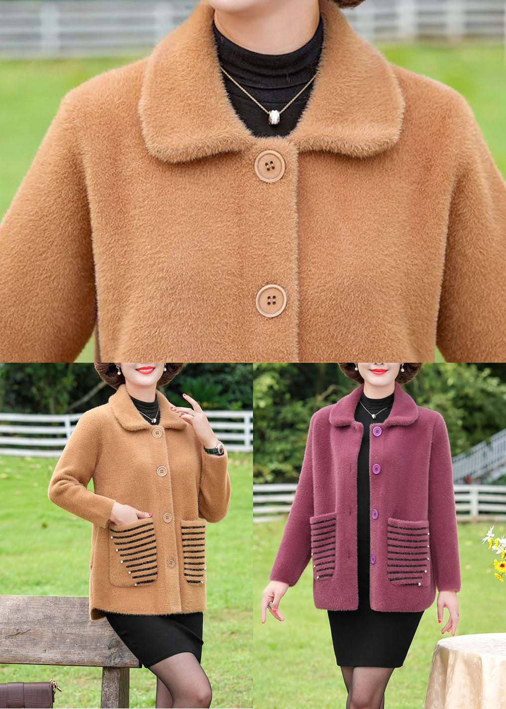 Camel Warm Mink Hair Knitted Coat Outwear Nail Bead Pockets Winter