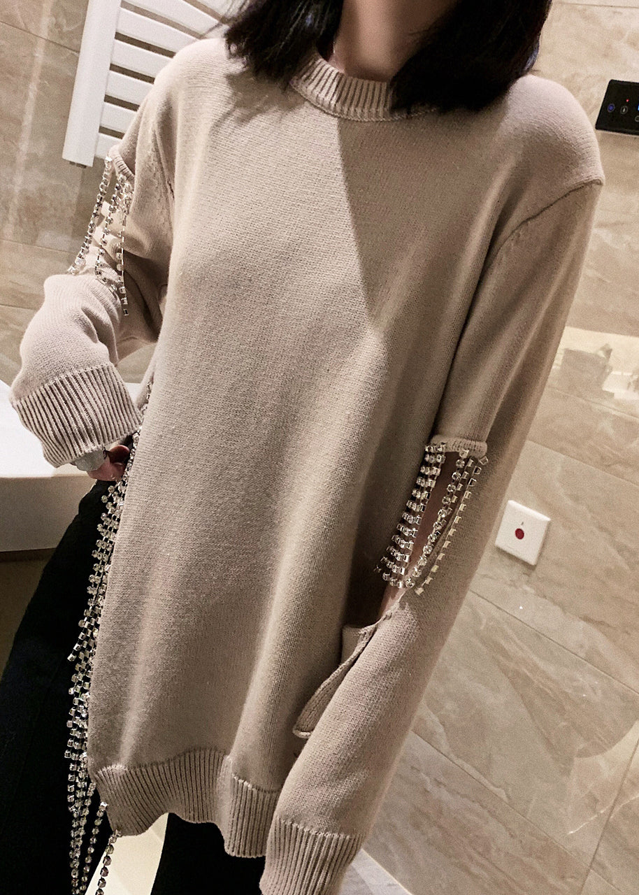 Camel Zircon Side Open Cotton Knit Sweaters O Neck Spring