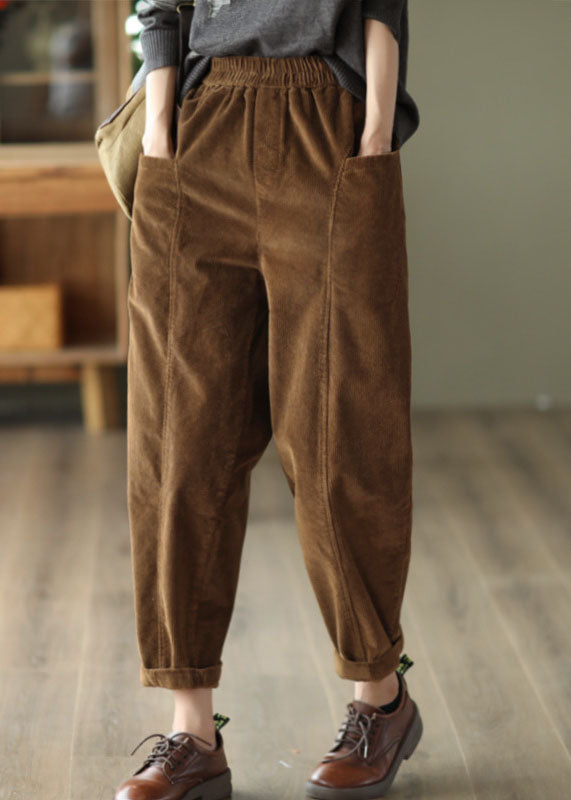 Caramel Patchwork Corduroy Harem Pants Oversized Pockets Spring