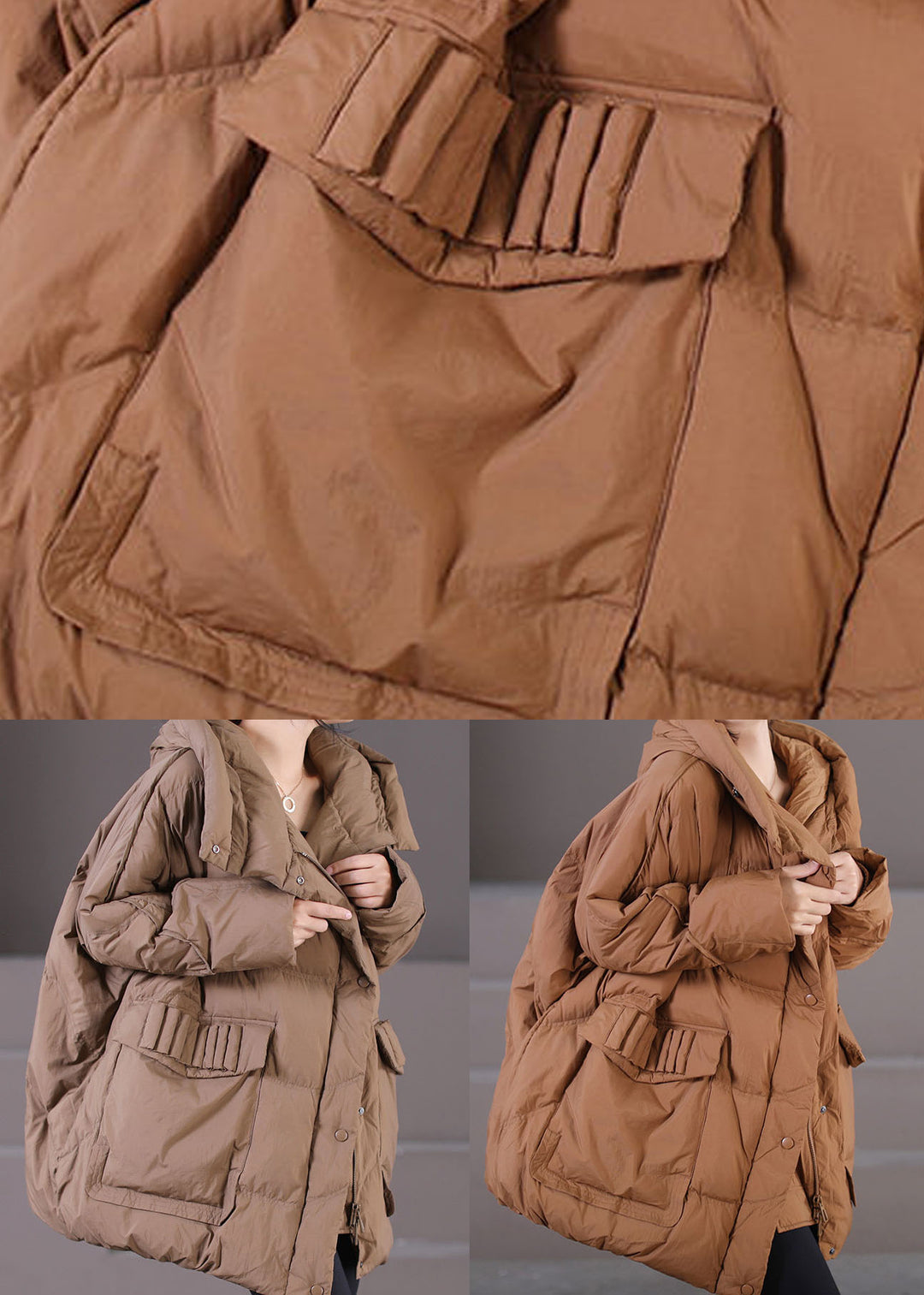 Caramel Warm Duck Down Puffer Jacket Hooded Oversized Winter