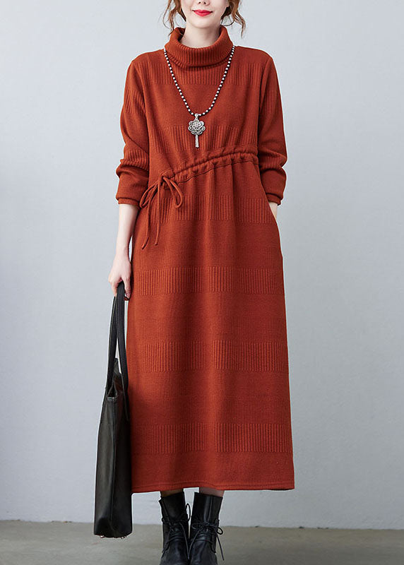 Caramel Drawstring Knit Loose Dresses Winter