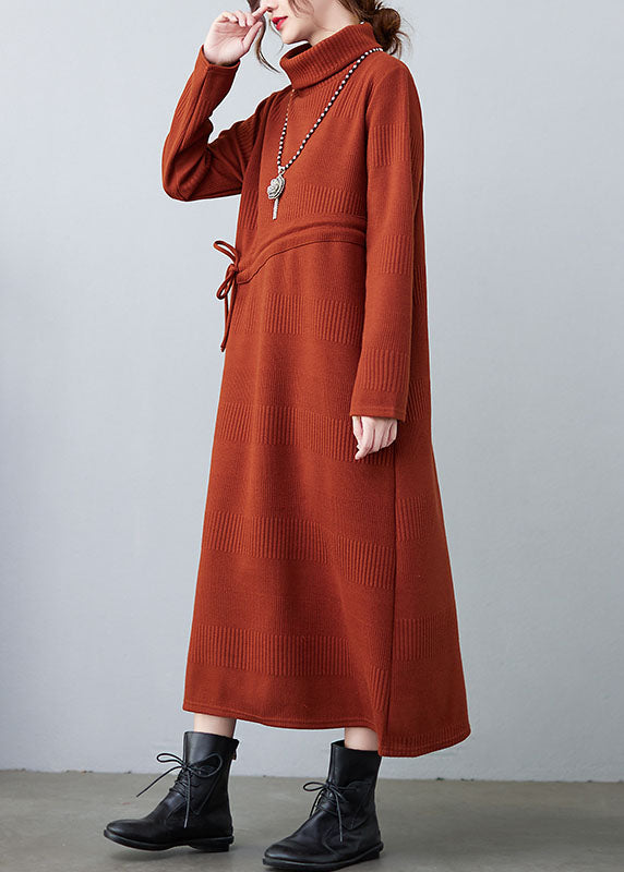 Caramel Drawstring Knit Loose Dresses Winter
