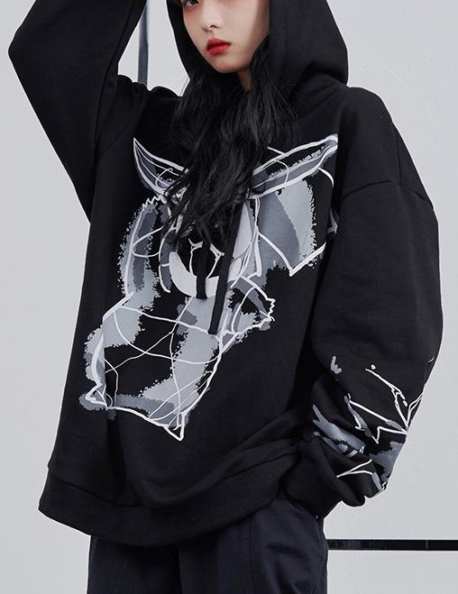 Cartoon print hooded sweater women 2020 new loose black student top - Omychic