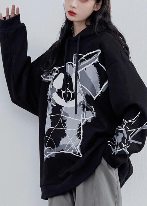 Cartoon print hooded sweater women 2020 new loose black student top - Omychic