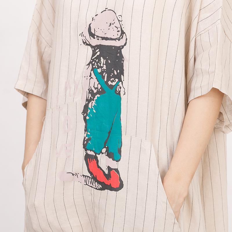 Cartoon Printed And Stripes Loose Dress - Omychic