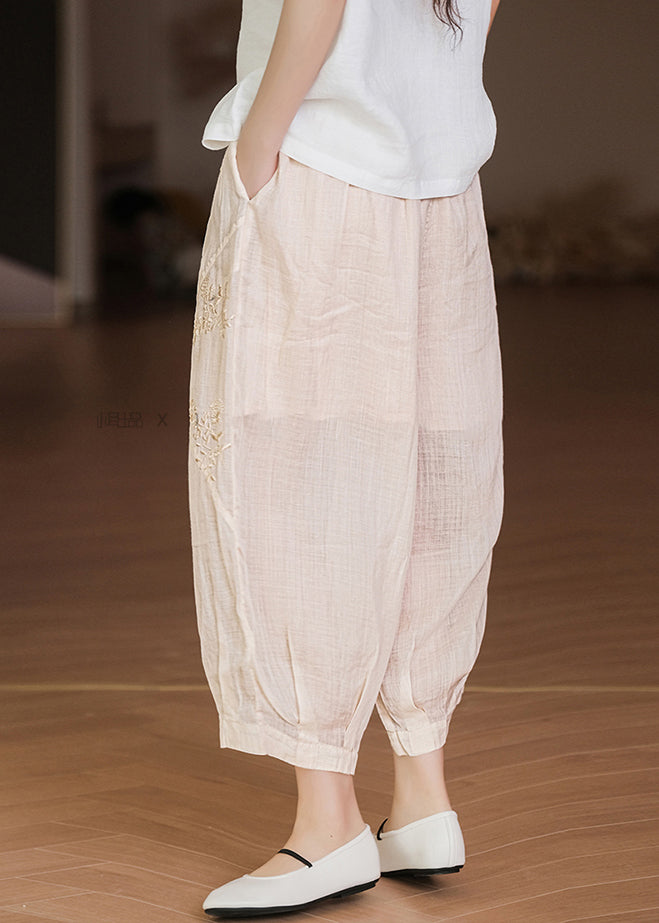 Casual Apricot Embroidered Pockets Linen Crop Pants Summer